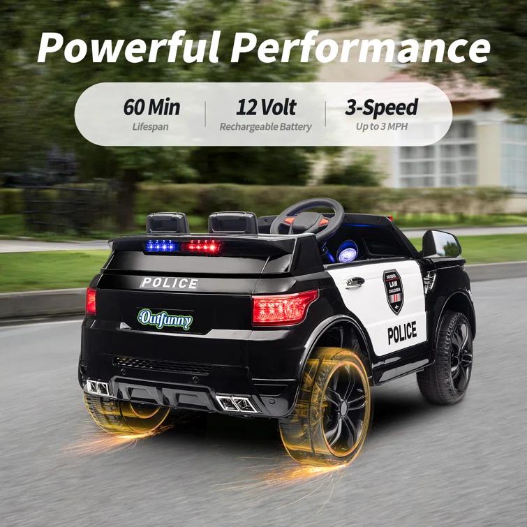 Outfunny Electric Police Car for Kids, 12 Volt Kids Ride on Toy Car with Remote Control, Bluetooth, Megaphone