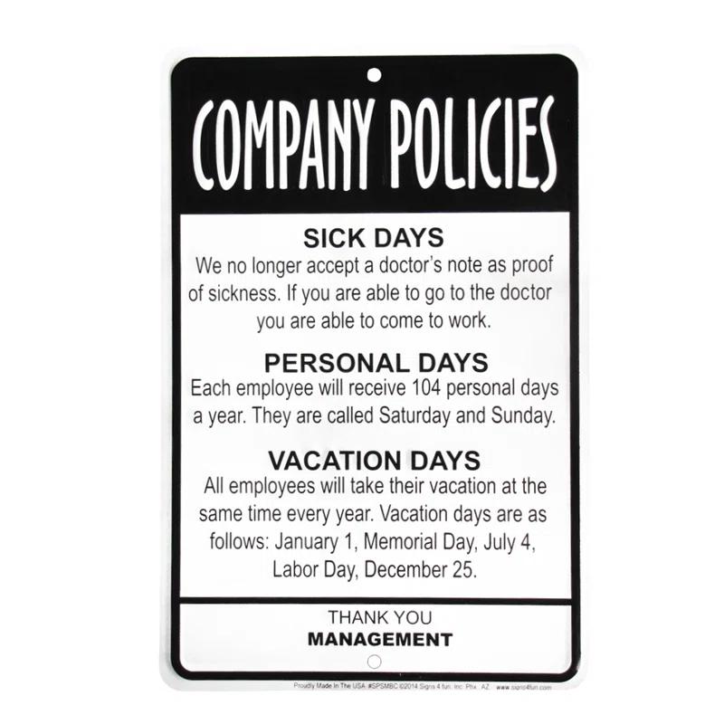 Employees Company Policies Funny Sign - Great Break Room Decor