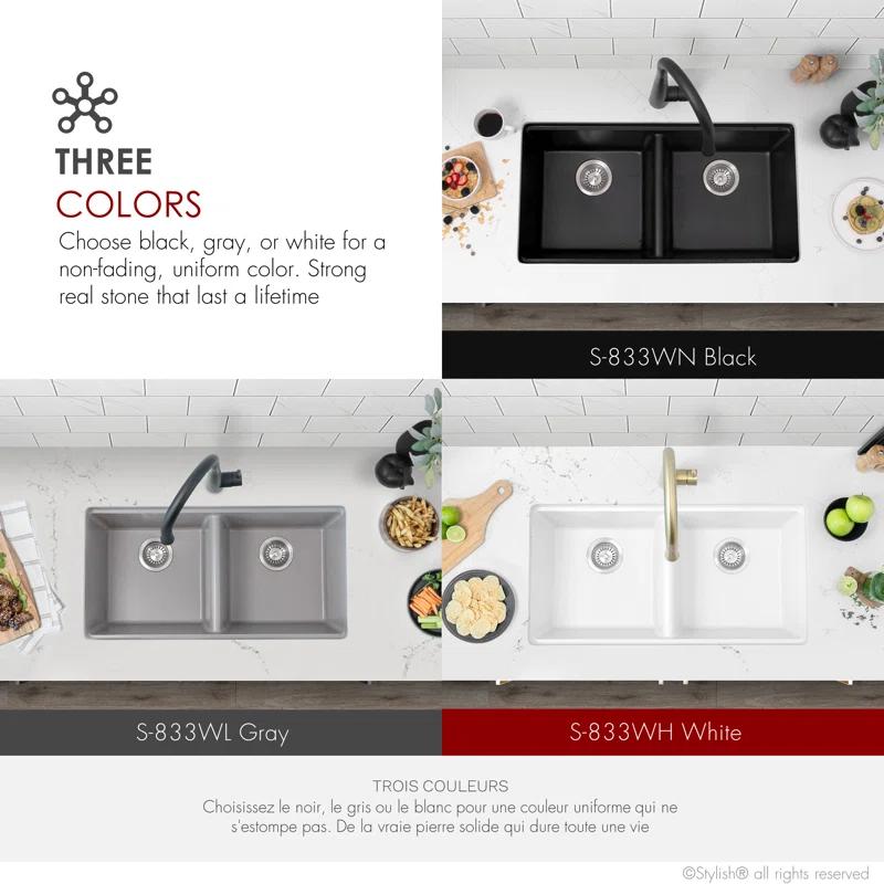 STYLISH S-833WL Stylish Pietra Dual-Mount 33" Composite Granite Double Bowl Kitchen Sink