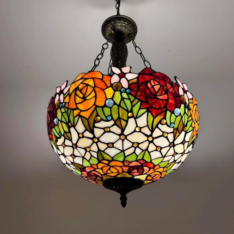 ENJOY DECOR LAMPS Tiffany Chandeliers Pendant Lamps Red Orange Stained Glass Rose Flowers LED Bulbs 16"W*16"D*60"H