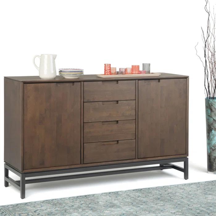 Simpli Home Banting 60"W Solid Wood Industrial 2-Door Sideboard Buffet with 4 Center Drawers