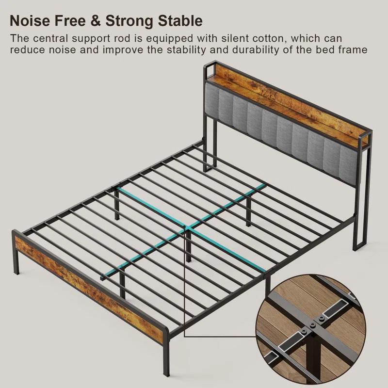 17 Stories Kewarra Platform, Metal Bed Frame with Storage Headboard, Sturdy and Stable