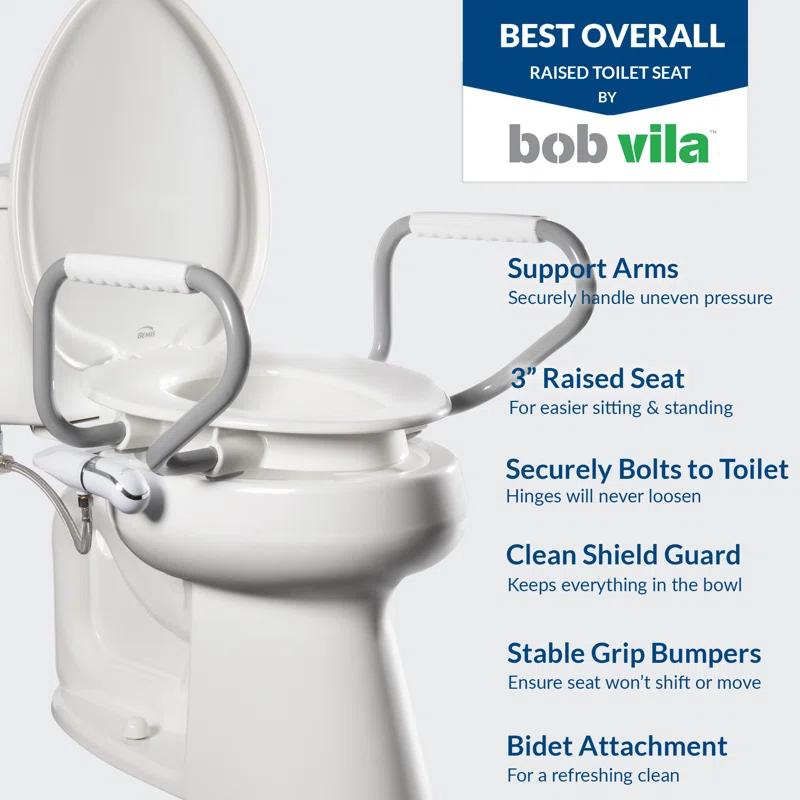 Bemis Assurance 3" Raised Toilet Seat with Handles and Bidet Attachment, Secure Hinges, Elongated, White 7YE85320H20 ARM