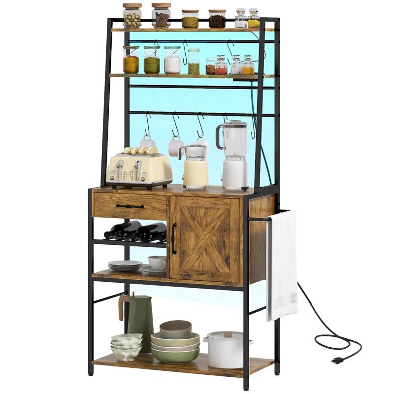 17 Stories Baker's Rack With Power Outlet And LED Lights Bar With Storage Shelves,Industrial Microwave Stand With Wine Bottle Rack,Drawer,Barn Door Cabinet