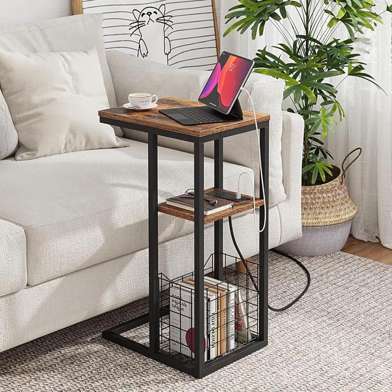 17 Stories C Shaped End Table With Charging Station, Side Table For Couch, Small Side End Table For Small Spaces, 28" High Slide Under Sofa Table For Coffee, Tv Tray Table For Living Room, Rustic Brown