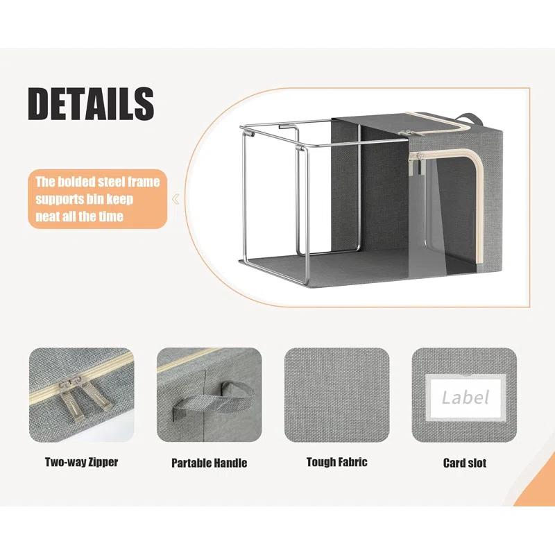 3 Openings Clothes Storage Bins With Metal Frame, Foldable Storage Bin For Clothes, Clothing Storage Bins With Lid, Linen Storage Box With Clear Window& Zippers& Durable Handles.(3 Pcs,Light Grey,40L)