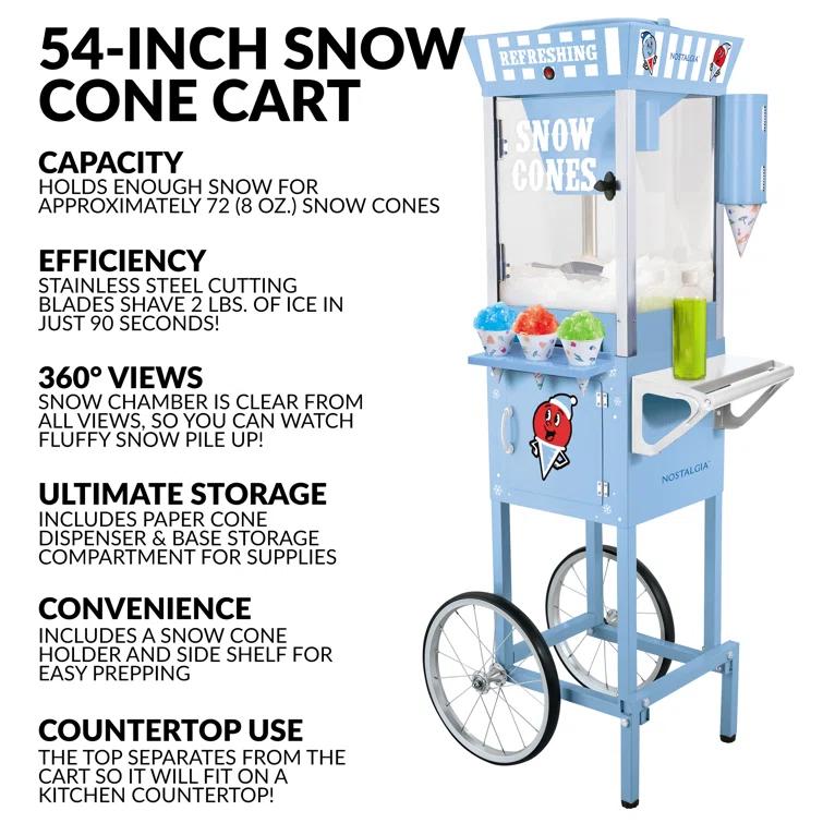 Nostalgia Nostalgia 54-Inch Tall Snow Cone Cart, Makes 72 Icy Treats, Includes Metal Scoop, 2 Syrup Bottles, 100 Paper Cups/Spoons, Storage Compartment, Wheels For Easy Mobility