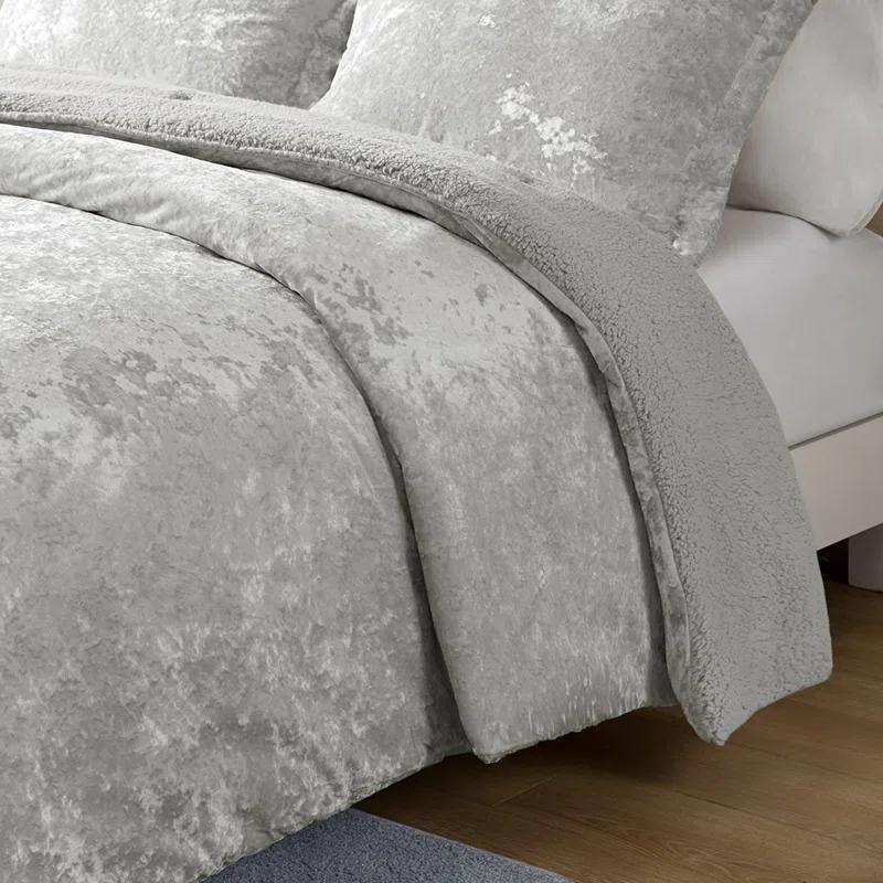 Twin/Twin XL Arabella Crushed Velvet to Faux Shearling Soft Reversible Teen Comforter Set Silver - Intelligent Design: Hypoallergenic Velvet Bedding