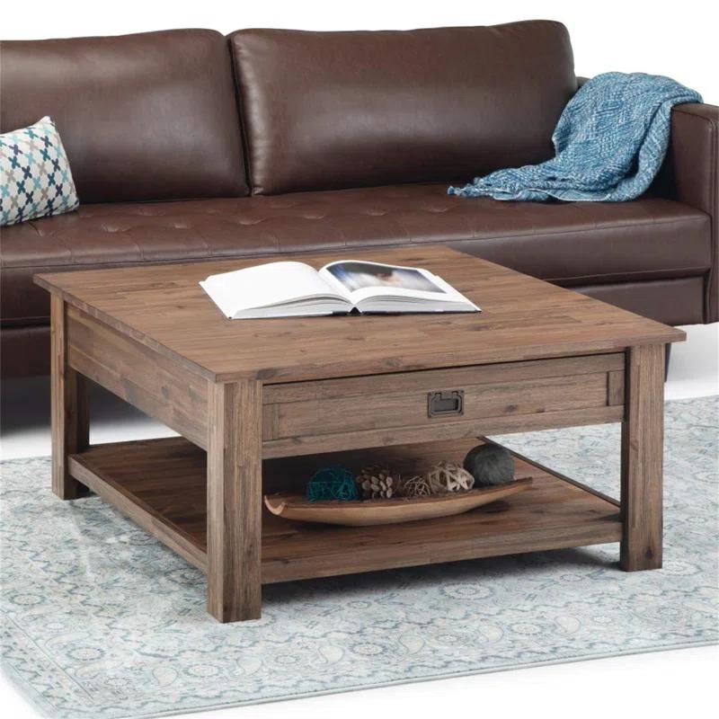 Simpli Home Monroe 38"W Solid Acacia Rustic Square Coffee Table with Large Drawer and Open Shelf