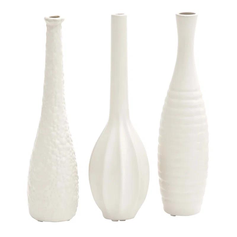 Ceramic Slim Textured Bottleneck Decorative Vase with Varying Patterns Set