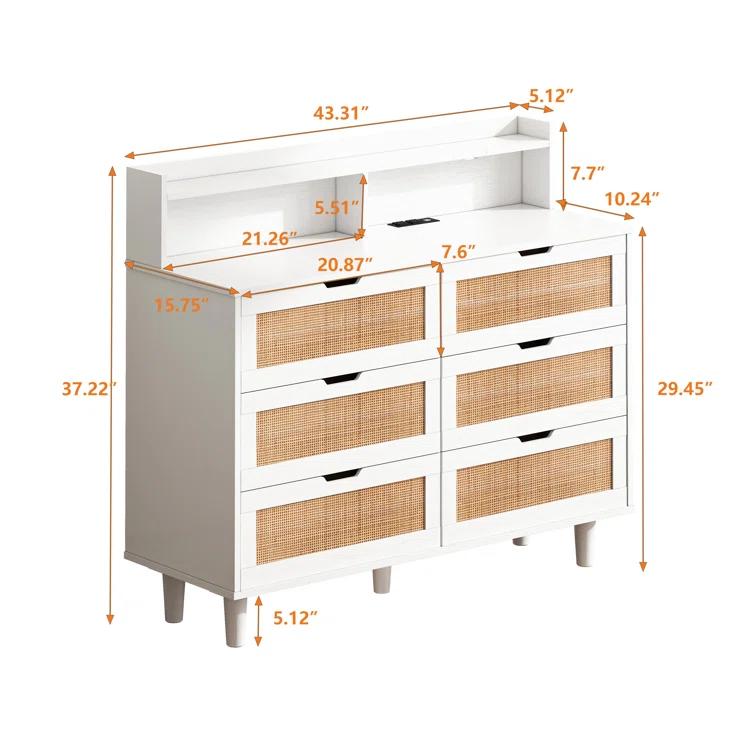Latitude Run® 6-Drawer Dresser w/LED Lights and Power Outlet,Rattan Storage Cabinet,Living Room Organizer