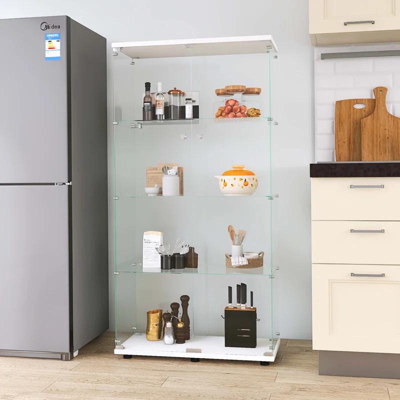 House On Tree Two-door Glass Display Cabinet 4 Shelves with Door, Floor Standing Curio Bookshelf