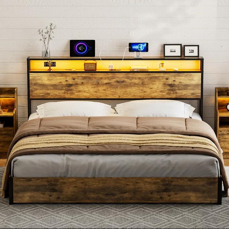 Ivy Bronx Kaiwei Storage Headboard With Led Lights & Charging Station - Industrial Metal And Wood