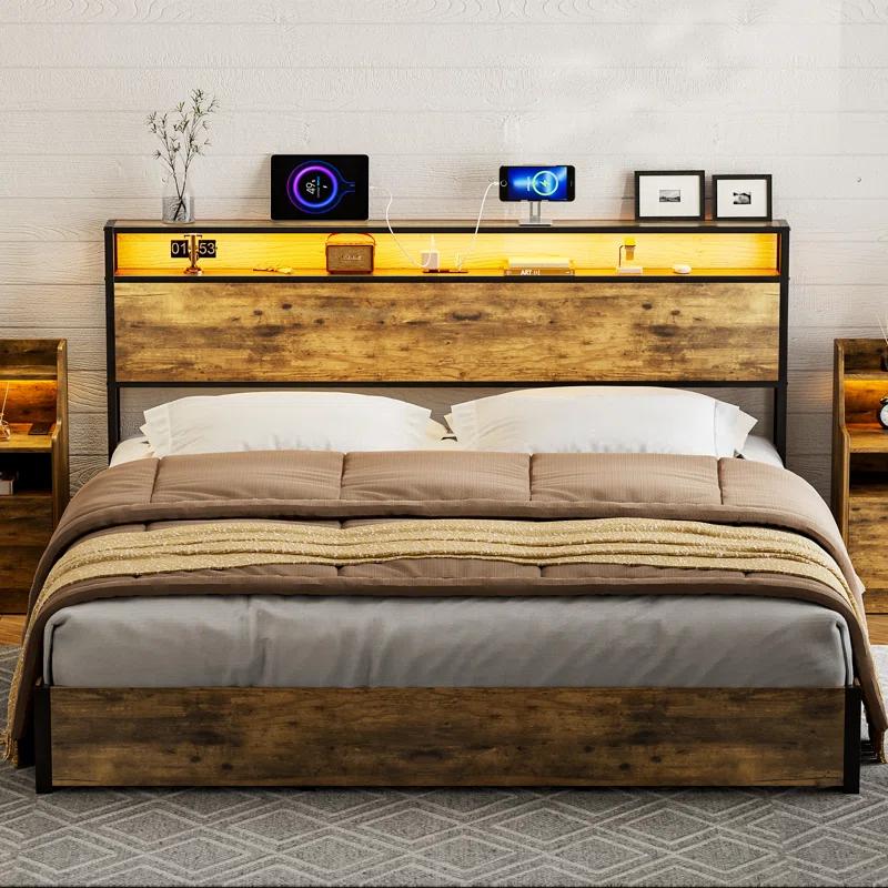 Ivy Bronx Kaiwei Storage Headboard With Led Lights & Charging Station - Industrial Metal And Wood