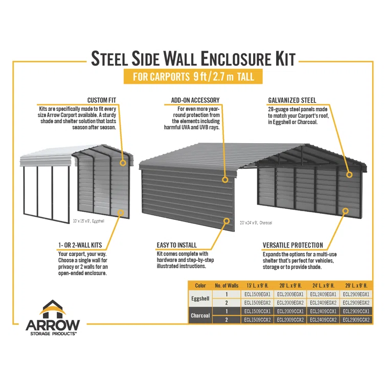 Arrow Arrow Steel Carport with 1 Side Wall Kit, 12x24x09