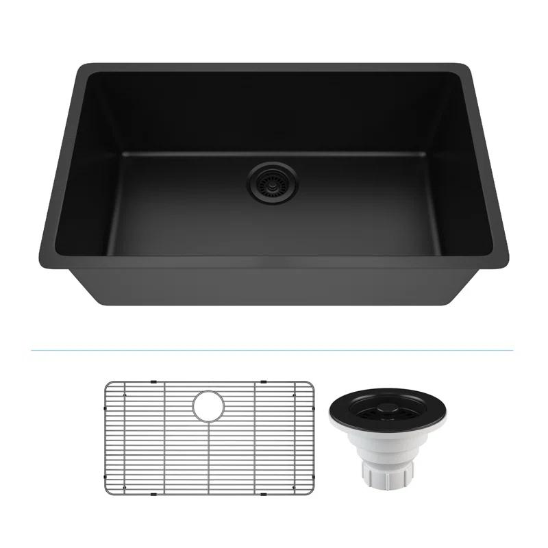 Lexicon LP-1000-K 32" x 19" Quartz Kitchen Sink, Single Bowl Sink, Drop-in Sink, Undermount Sink, Granite Kitchen Sink, with Steel Grids and Basket Strainer, Disposal Flange