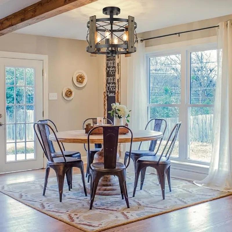 Williston Forge Farmhouse Rustic Light Fixture Ceiling Mount, Semi Flush Mount Ceiling Light Fixture, 4-Light Black Industrial Retro Washed Ceiling Light For Kitchen Dining Room Bedroom Hallway Bathroom