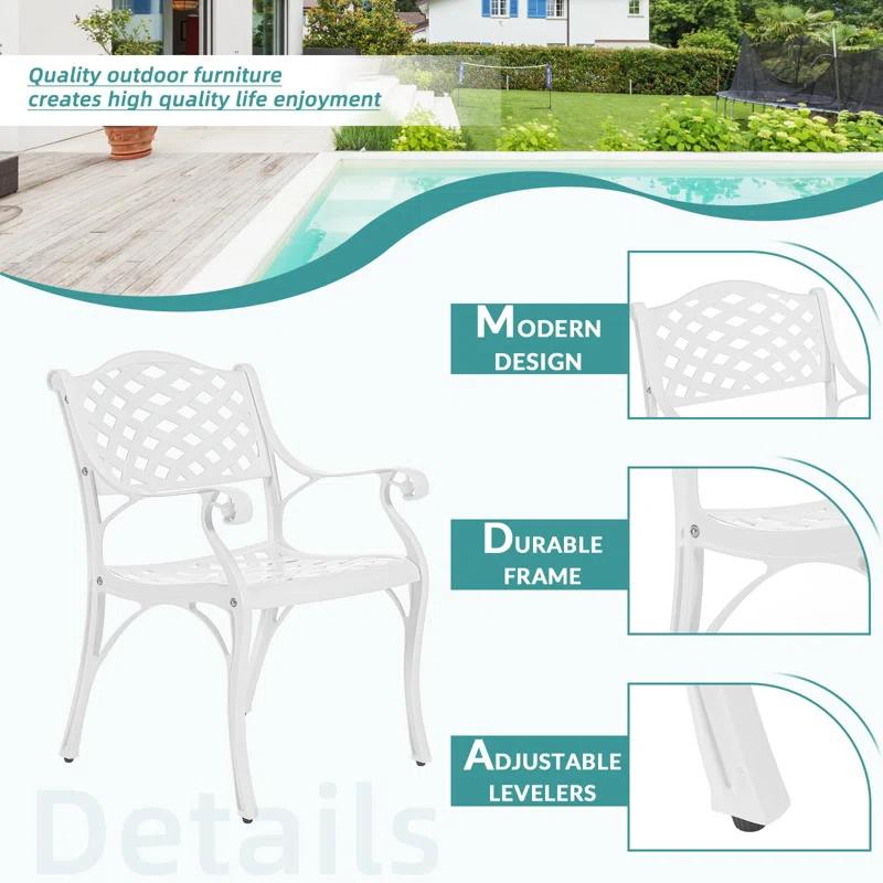 One Allium Way® 2 Piece Patio Dining Chairs, Outdoor All-Weather Cast Aluminum Chairs, Patio Bistro Dining Chair Set Of 2 For Garden Deck Backyard, Lattice Weave Design, White