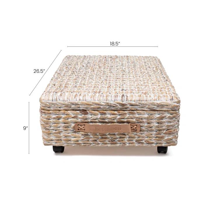 happimess Chett 26.38" Minimalist Hand-Woven Hyacinth/Wood Underbed Storage Bin with Wheels and Handles