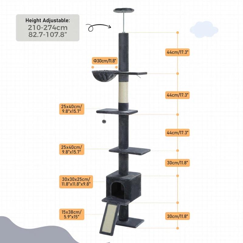 Adjustable Height Floor To Ceiling 5-Tier Tall Cat Tree Tower For Indoor Cats With Cat Condo, Cat Scratching Post And Cat Ladder