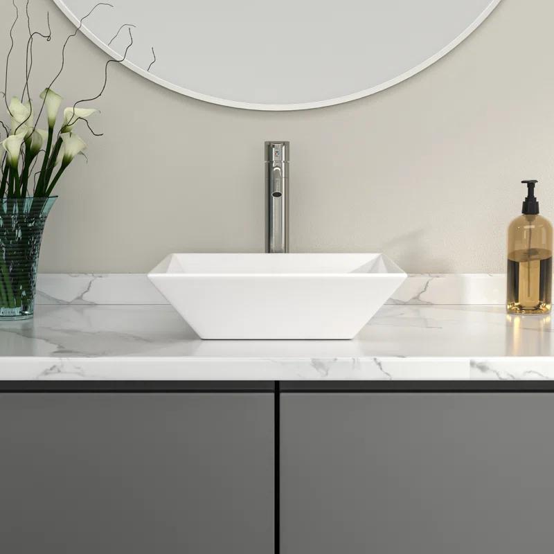 Logmey 16" L x 16" W White Ceramic Vessel Sink Square Above Counter Bathroom Sink Bathroom Vessel Sink LMP18002-1