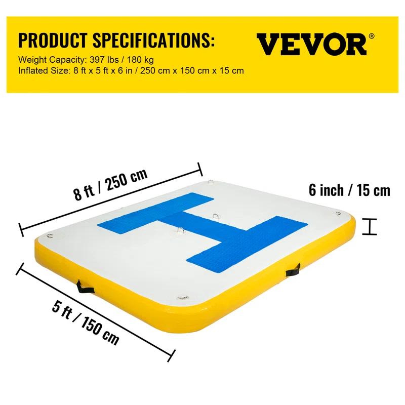 VEVOR VEVOR Inflatable Floating Dock 8 X 5 Ft, Inflatable Dock Platform With Electric Air Pump, Inflatable Swim Platform 6 Inch Thick, Floating Dock 4-6 People, For Pool Beach Ocean
