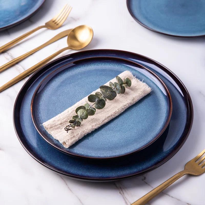Tableware Set Of 4, Plates And Bowls Set, Handmade Reactive Glaze Cutlery Set, Chip And Scratch Resistant | Oven, Dishwasher And Microwave Safe, Set Of 4 Blue