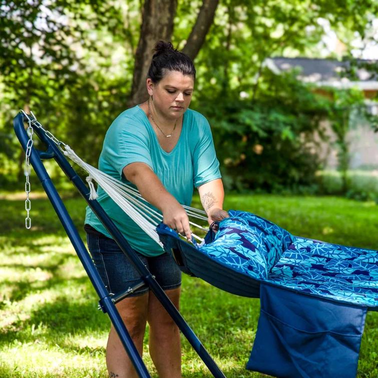Arlmont & Co. Peria Quilted Polyester Curved Metal Spreader Bar Hammock with Pillow - Tropical Palms
