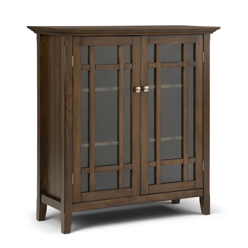 Simpli Home Bedford 39"W Solid Wood 4-Shelf Medium Storage Cabinet with Glass Doors and Adjustable Shelves