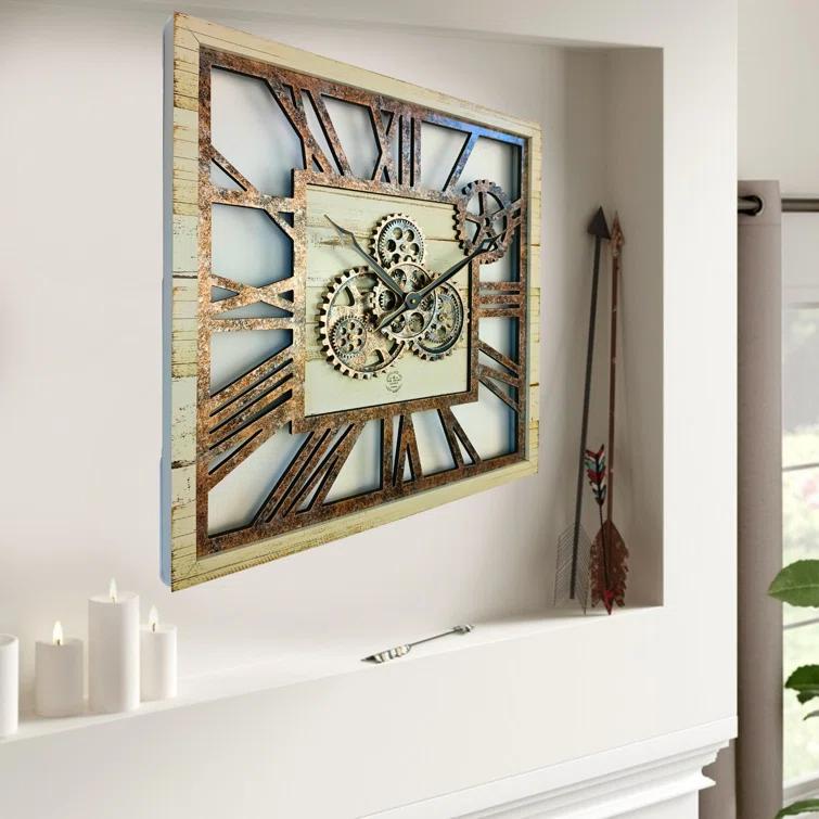The Gears Clock Wall Clock 24" Square Oversized for Living Room decor with Real Moving Gears America Collection