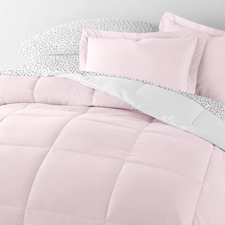 IEnjoy Home 7-Piece Reversible Bedding Bundle - Solid Comforter and Patterned Sheet Set