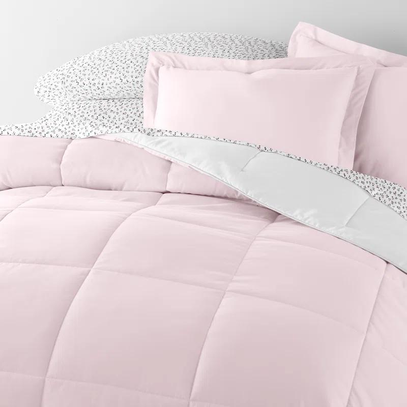 IEnjoy Home 7-Piece Reversible Bedding Bundle - Solid Comforter and Patterned Sheet Set