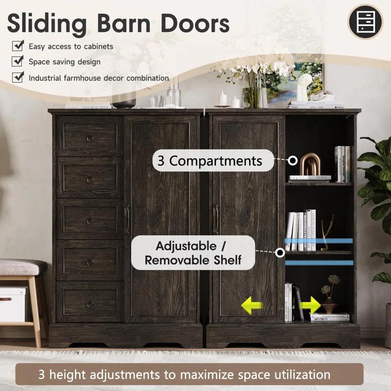 Gracie Oaks 5 Drawers Dresser With Cabinet, 48" Tall Chest, Wooden Closet Dresser With Sliding Barn Door For Living Room, Hallway