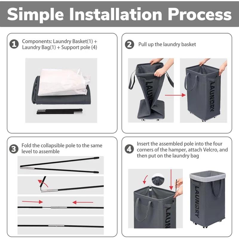 VOKIAL Laundry Basket With Wheels, 2PACK 75L Rolling Laundry Baskets With Removable Laundry Bags, Apartment Essentials, Collapsible Laundry Baskets, Laundry Bag, Corner Dorm Foldable Laundry Baskets, Slim Laundry Baskets