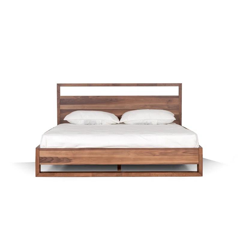 Benjara Lina Bed With Plank Style Tall Headboard, Modern Walnut Brown