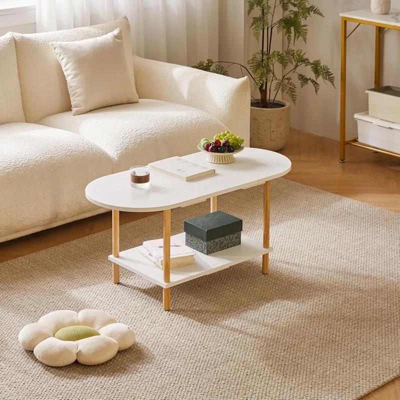 Latitude Run® Oval Coffee Table White, Small Wooden Coffee Table For Small Space, Splicing Design 35 * 16 * 17In, 2 Tier Center Table For Living Room White
