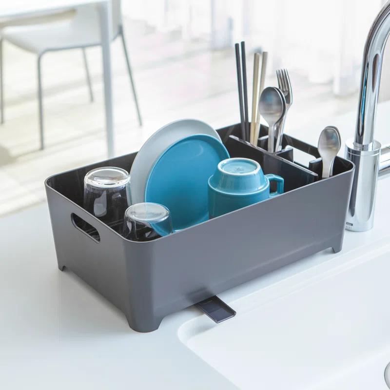 Yamazaki Home Tower Yamazaki Home Dish Drying Rack with Drainage Spout, 1.25 gallon, Utensil Holder, Handles