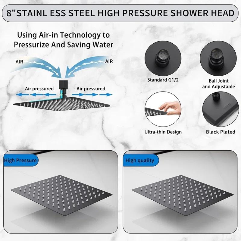Matte Black Shower Faucet Set Bathroom Rain Shower System 8in Shower Head Combo