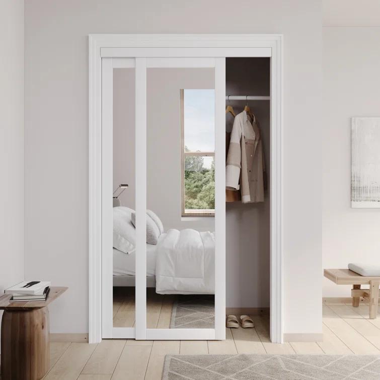 ARK DESIGN 80 in. 1 Lite Mirrored White Sliding Closet Door with Hardware Kit