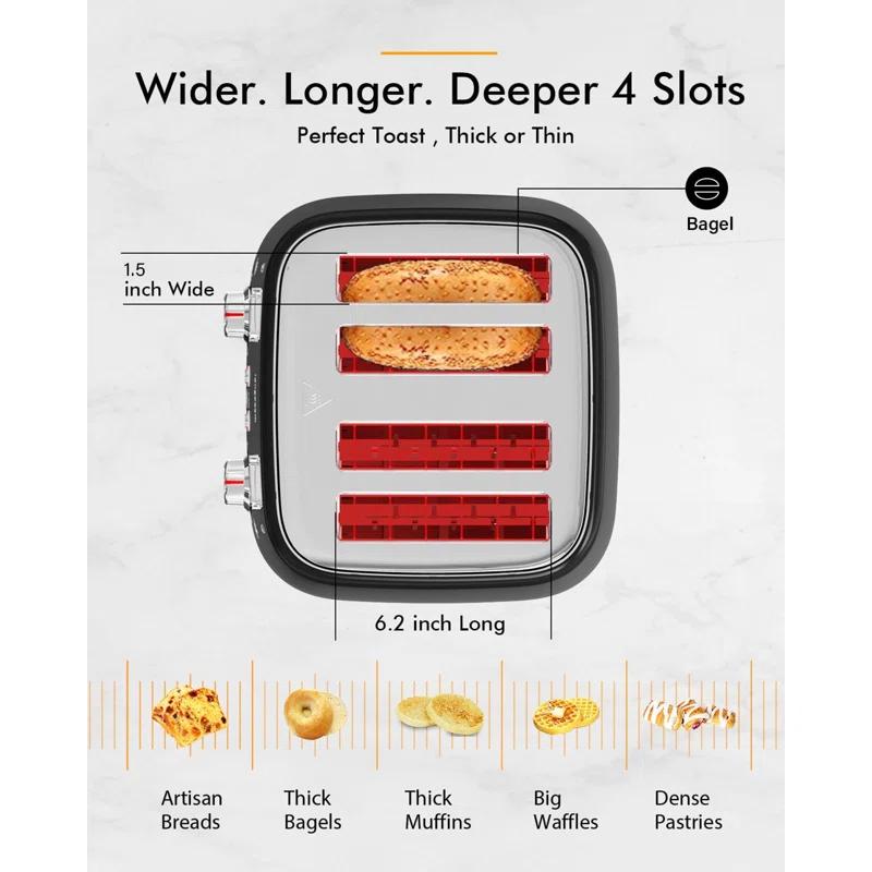 LONGDEEM 4 Slice Toaster, Extra Wide Slots, Longdeem Retro Stainless Steel Toasters, 6 Browning Options, Auto Shut Off & Frozen Function, Toast Fruit Bread, Bagel & Waffle