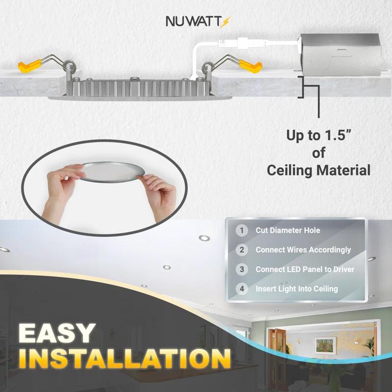 NUWATT NW-P-DL-6-15W-5CT-BN-12P Panel Downlight 6.88'' Selectable Color Temperature Dimmable Air-Tight IC Rated LED Canless Recessed Lighting Kit (Set of 12)