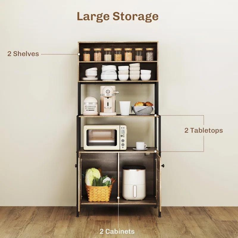 17 Stories Kitchen Bakers Rack With Power Outlet, Coffee Bar Cabinet With Storage Shelves, Microwave Stand With Louvred Door Cabinets