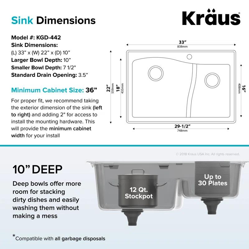 Kraus KRAUS Quarza™ 33" L Dual Mount 60/40 Double Bowl Granite Kitchen Sink and Strainers KGD-442WHITE-PST1-WH