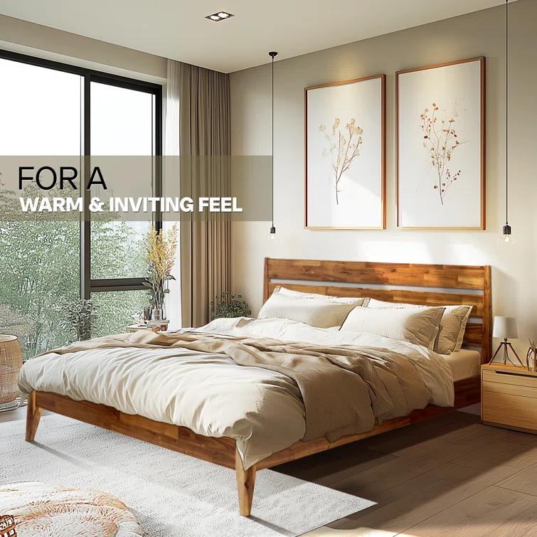 Acacia Acacia Premium Emery Solid Wood Platform Bed Frame with Headboard Included, No Box Spring Needed, Weight Capacity 800lb.