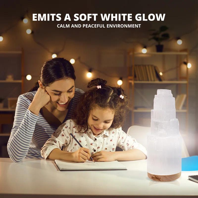 Himalayan Glow Selenite Crystal Lamp 20cm Large, Hand-Curved Crystal Lamp with Wooden Base - White