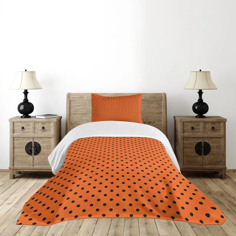 Ambesonne Orange Bedspread Set Vintage Polka Dots Tile Orange Black