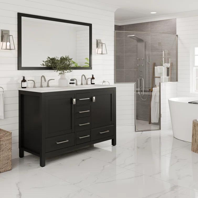 Ebern Designs Minnich 48"W X 22"D Espresso Double Sink Bathroom Vanity With White Carrara Quartz Countertop And Undermount Porcelain Sinks