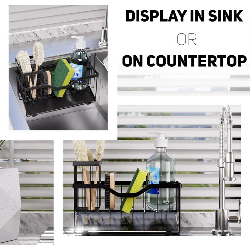 WKING Stainless Steel Kitchen Sink Caddy Organizer With Draining Tray, Rustproof Sponge Holder For Sink, Adjustable Compartments, Space-Saving Design