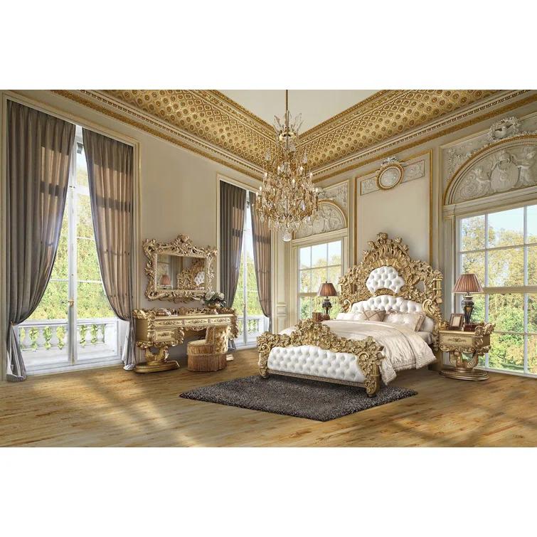 Benjara Rexx King Bed, White Faux Leather Victorian Carved, Classic Gold Wood