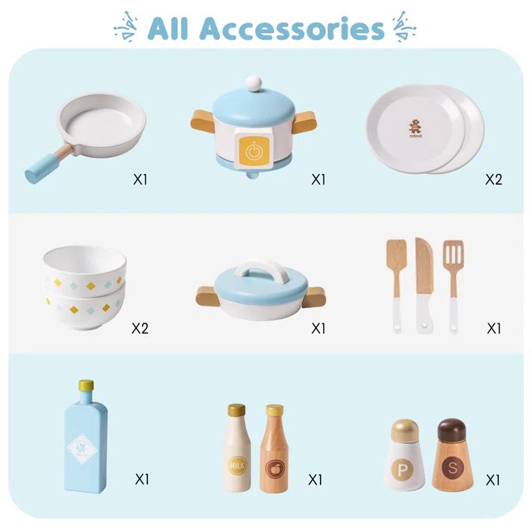 ROBUD Solid Wood Play Kitchen & Accessories Set, Preschool Kitchen Set, Kids Kitchen Playset